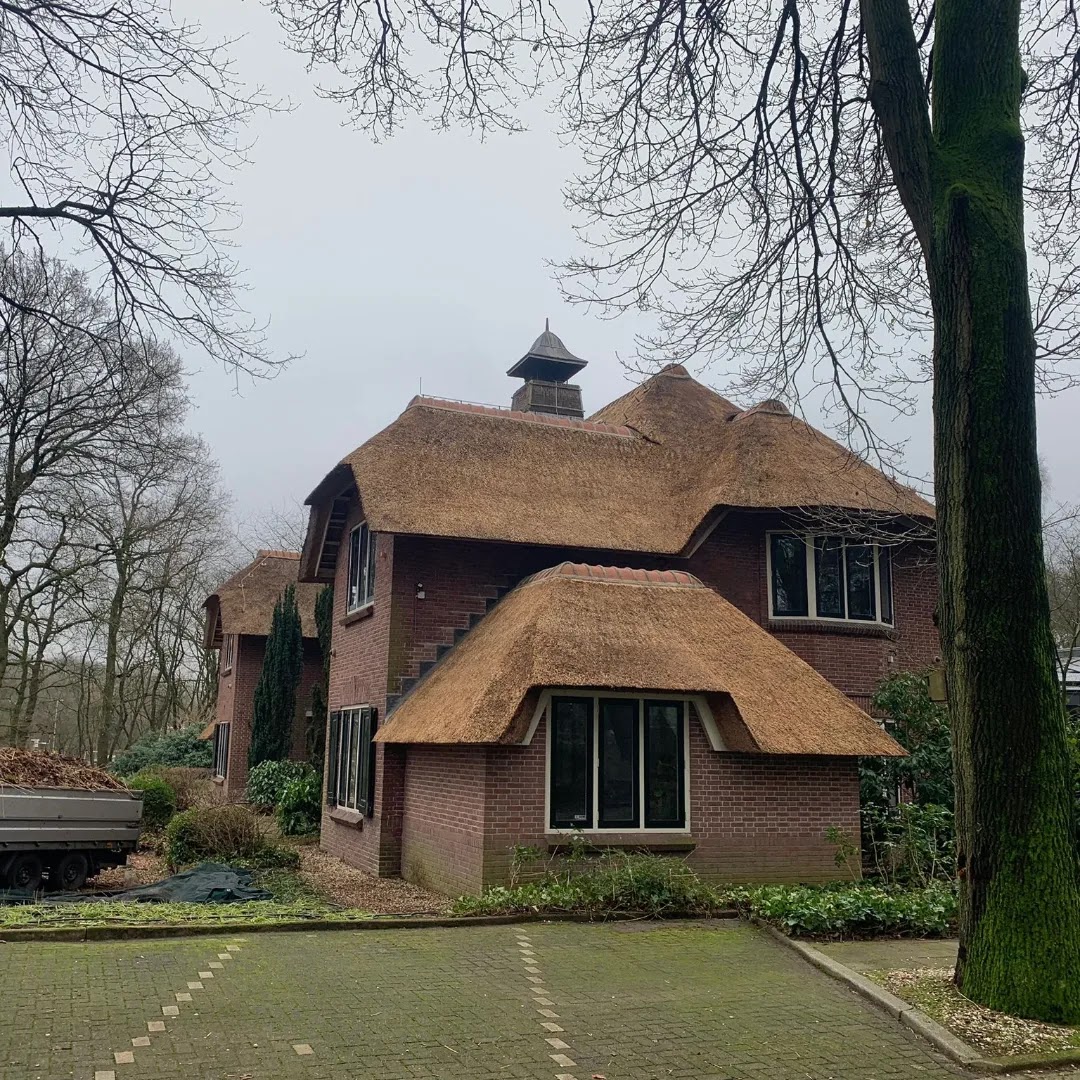 Villa met rieten dak, een ronde erker en een klein lantaarntje op de nok