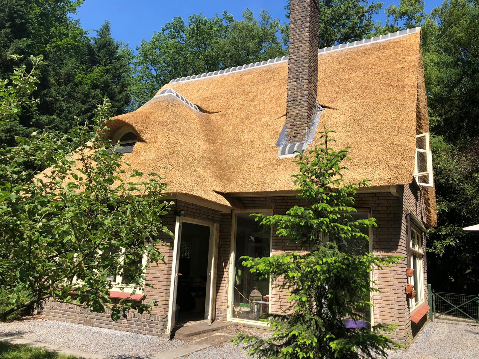 Woning met rieten dak, hoge schoorsteen en een golvende dakkapel tussen de bomen